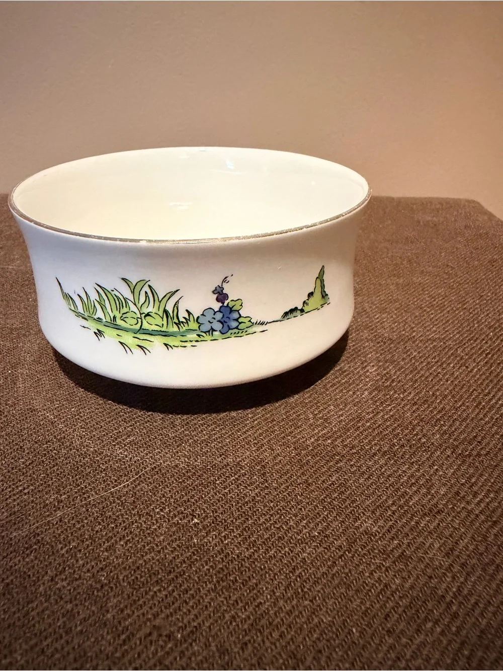 Crown Sterling White Fine Bone China Bowl with Green Grass and Blue Floral Motif